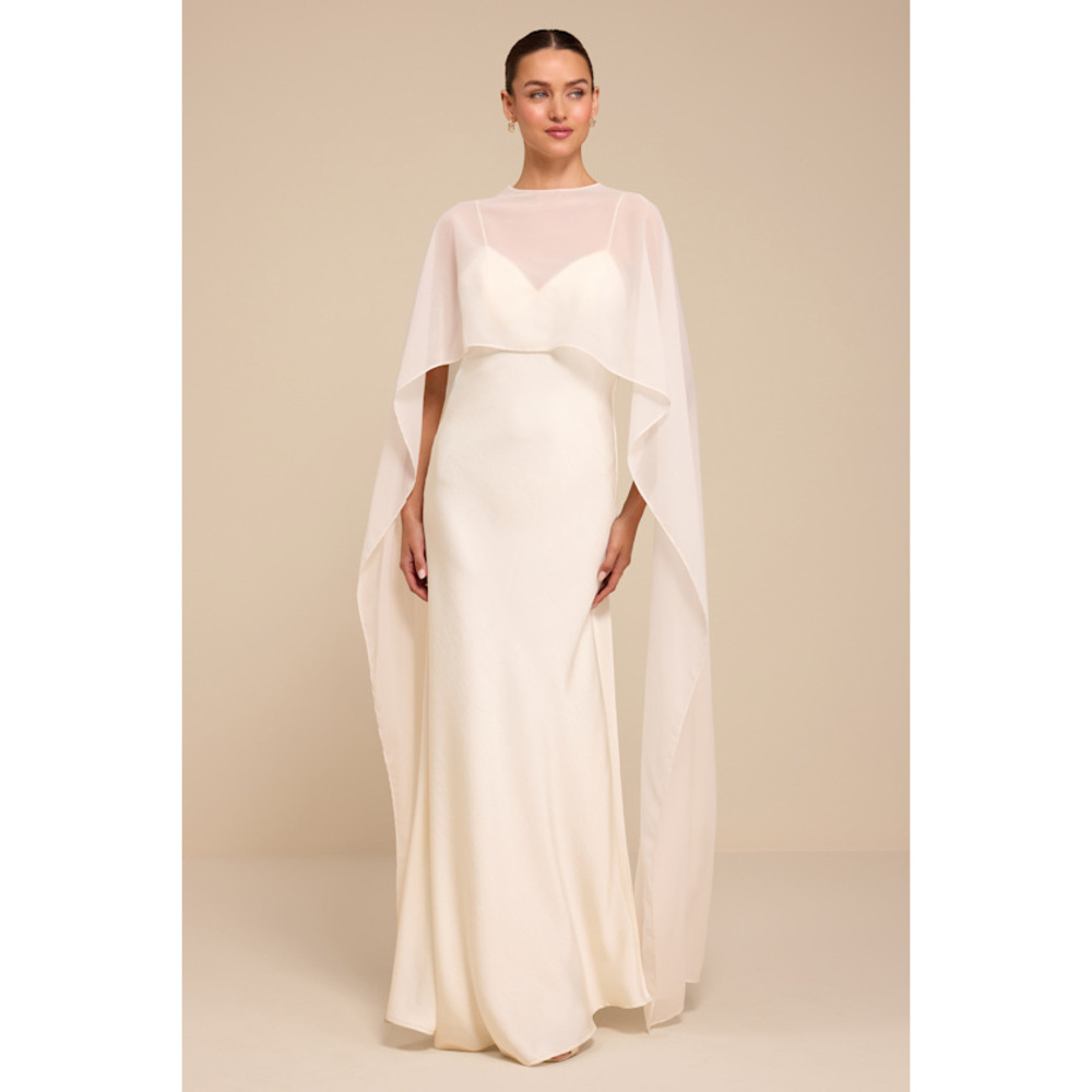Lulus Mercedes White Satin Cape Wedding Dress - Size XL